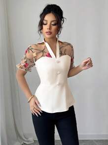 Elenzga Flower Embroidered Mesh Mix Elegant Shirt - Apricot - View 4