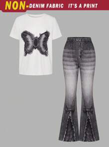 SHEIN 青少年女孩短袖圆领 T 恤和裤子两件套，夏季时尚 - 黑色 - 查看 3