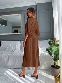 SHEIN Cottnline Women Simple Elegant Solid Color Front Button Loose Lantern Sleeve Midi Dress - Brown - View 2