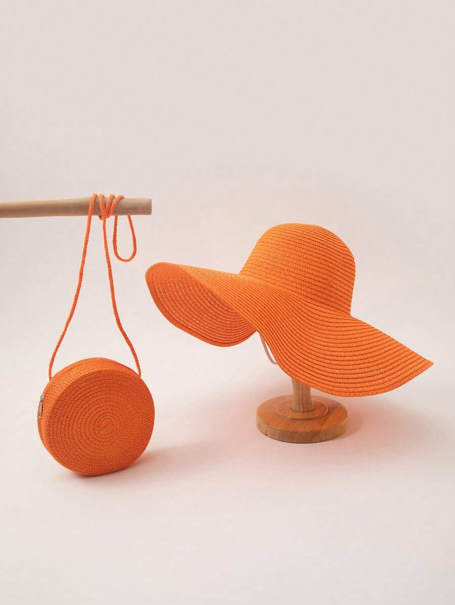 2pcs Women Wide Brim Straw Hat And Bag Set - Orange - View 1