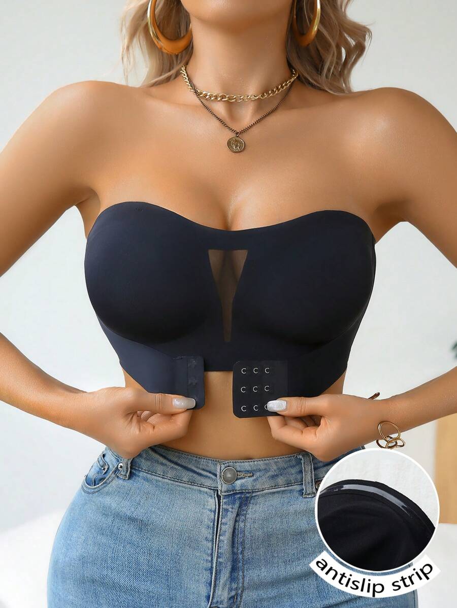 SHEIN Black Sexy One-Shoulder Lift Support Front Buckle Strapless Lingerie Bra