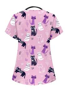 PopScrub Cat Print Short Sleeve /Nursing Scrub Uniform Top Women Summer Tops Women Scrubs Scrub Sets For Women Women Scrubs Nurse Scrub Sets Women,Women's Fashion Casual Sports Scrub Tops, Business Women Clothing, Women's Summer Tops Multi-Occasion Wear Versatility, Women's Summer Beach Shirts,Tops With Cute Puppies, Bees, Insects, Kittens, Flowers, Grass, Trees, Hearts, Clouds, Ice Cream, Donuts, Butterflies, Starfish, Tie-Dye And Other Printed Patterns - Mauve Purple - View 2