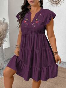 SHEIN Clasi V-Neck Embroidered Floral Ruffled A-Line Plus Size Dress - Purple - View 4