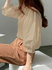 DAZY Women Simple Solid Color Round Neck Puff Sleeve Shirt, Everyday Wear - Khaki - View 5