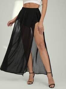 SHEIN Tall Chân váy Maxi xẻ đùi cạp chun - màu đen - Xem 4