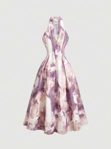 SHEIN MOD Vestido entallado de largo medio con cuello anudado efecto teñido anudado, vestido de primavera/verano para mujer, elegante, para vacaciones, casual, bohemio, vaquero, brunch, atuendos de playa, atuendos de concierto de música country, atuendos de rave y festival, ropa occidental para mujer, vestido morado, vestido de verano