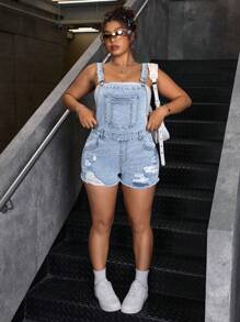 SHEIN ICON Casual Fashion Versatile Washed Distressed Denim Bib Overall Pants