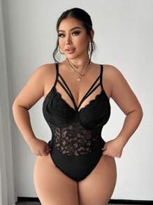 SHEIN SXY Body decorativo de encaje y parches sexy y elegante para mujer talla grande, adecuado para usar a diario, en el trabajo, para ir y venir, elegante, casual, de compras, para salir, fácil de combinar, estilizador, resalta la figura, favorecedora, para primavera/verano