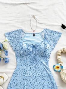 Soleia 短款度假連衣裙,方領領口,印花及系帶細節 - 藍色 - 查看 4
