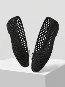 MOTF PREMIUM BLACK HOLLOW OUT BOW DECOR FLATS FOR CHRISTMAS SPRING SHOES - Black - View 4