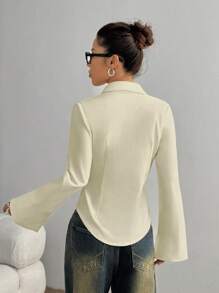 TRNVIE 1pc Women Embroidered Slim Fit Solid Color Long Sleeve Blouse, Fashionable For Summer Fall Cloth For Women - Yellow - View 2