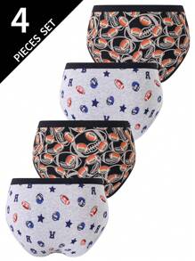 4pcs Teen Boys' Black Gray Football Print Comfortable Cotton Briefs, All Season Back To School Fashion - Multicolor - View 2