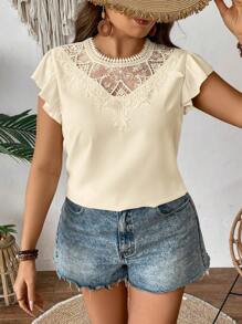 SHEIN Privé Plus Size Women Embroidered Collar Cap Sleeve Loose Blouse - Apricot - View 4