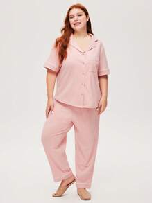 LUVLETTE Bộ đồ ngủ nữ cỡ lớn màu hồng mềm mại 100% cotton nguyên chất, tay ngắn, viền tương phản, kiểu dáng cơ bản, cài cúc và quần, có túi, thích hợp cho cô dâu, mùa xuân và hè. - Hồng - Xem 10