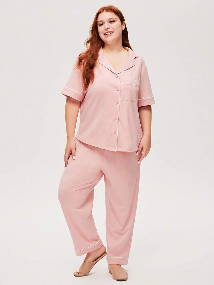 Conjunto de pijama de mujer talla grande de algodón 100% puro suave color rosa con ribete de contraste, blusa de manga corta con botones básica y pantalones con bolsillos, ropa interior nupcial, primavera y verano
