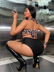 Swim SXY Plus Size Women Leopard Print Sexy Cropped One-Piece Swimsuit For Beach Holiday For Summer Beach Vacation - Multicolor - View 2