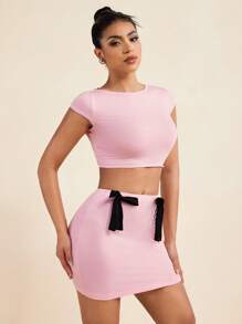 LUNA B Solid Pink Boat Neck Short Sleeves Black Bow Fitted Crop Top Summer Beach - Pink - View 7