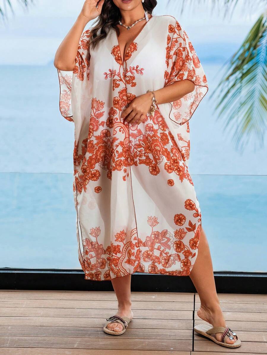 Swim Lushoire 大码女式连体花卉印花宽松开衫和服，适合海滩度假穿着