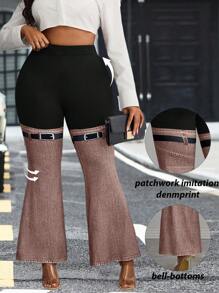 SHEIN Unity Plus Size Women Elegant Knitted Patchwork Denim Effect Print Straight Leg Pants, Suitable For Commuting - Multicolor - View 1