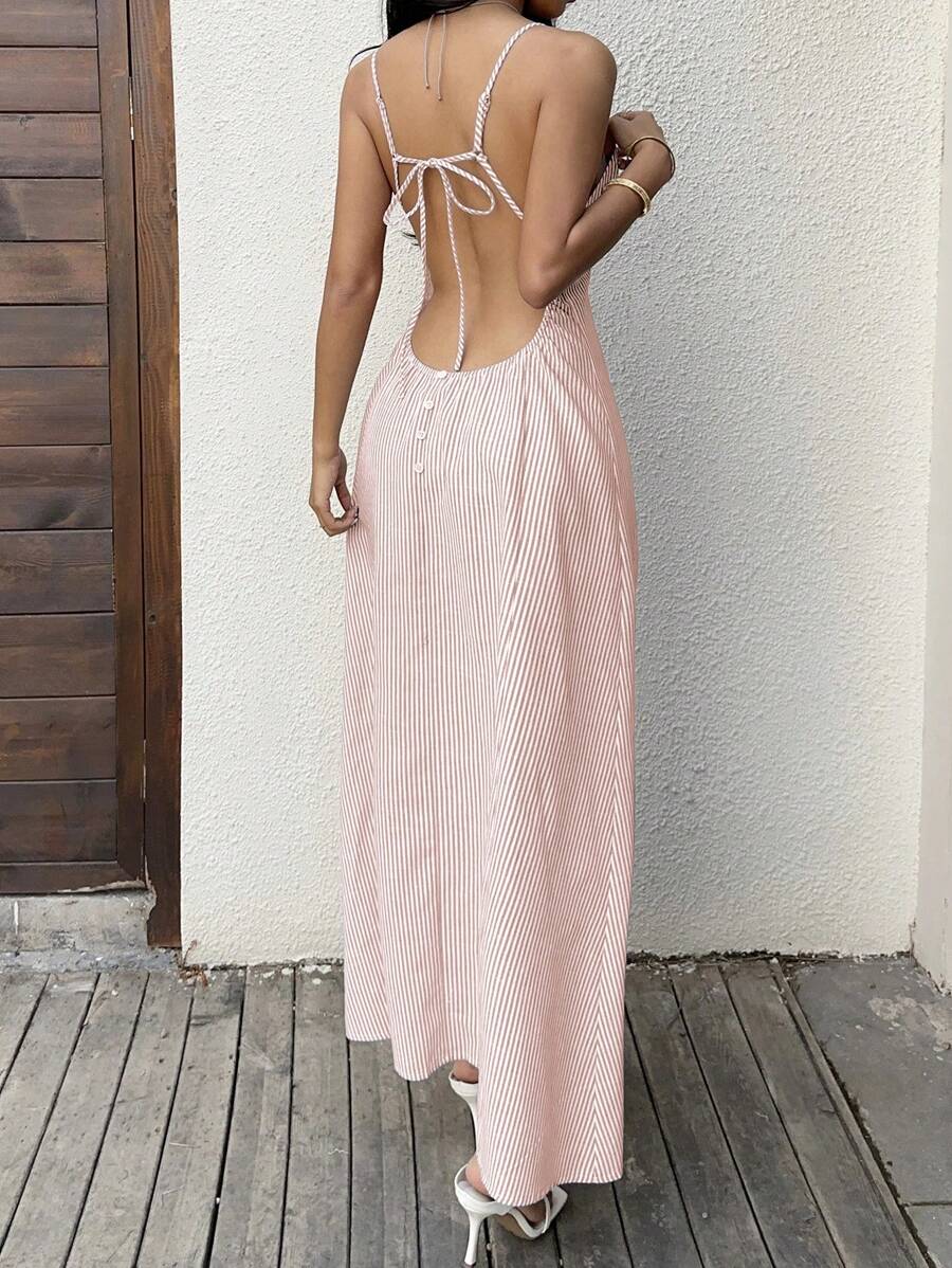 Sunnyshic Striped V-Neck Backless Tie-Up Button Design Camisole Maxi Dress, Gray & White - Pink - View 1