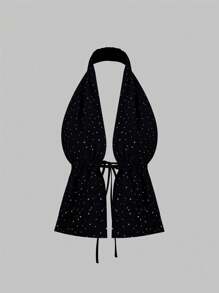 Top de tirantes con cuello halter, espalda descubierta y abertura delantera con cordones, estilo sexy y elegante para mujeres - Negro - Ver 1