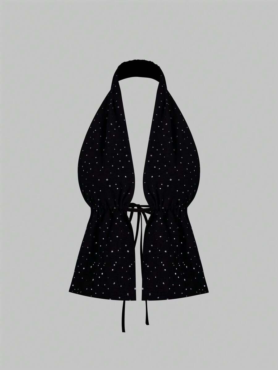 Top de tirantes con cuello halter, espalda descubierta y abertura delantera con cordones, estilo sexy y elegante para mujeres - Negro - Ver 1