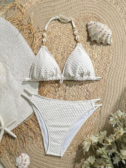 SHEIN Tonårsflicka Vit Aprikos Stickad Textur Skaldekoration,Sommarstrandpiska Halterstygn Halter Triangel Bikini Set,Beachoutfit Baddräkt Sommar,Sommarstrand