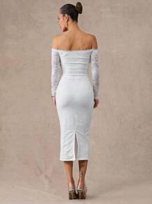 Silquee 女士黑色蕾丝露肩修身中长款鸡尾酒礼服，适合约会、派对、浪漫场合、伴娘、舞会、日常穿着、红色、生日礼服 - 白色 - 查看 2