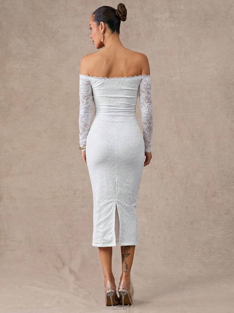 Silquee 女士黑色蕾丝露肩修身中长款鸡尾酒礼服，适合约会、派对、浪漫场合、伴娘、舞会、日常穿着、红色、生日礼服 - 白色 - 查看 2