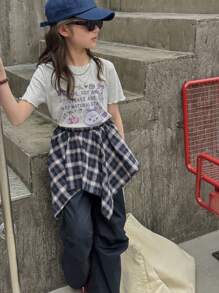 DAZY 3 件套青少年女孩服装：圆领印花短袖 T 恤 + 格子裙 + 裤子，适合春夏季，加大码，返校服装