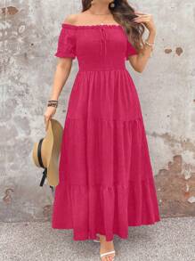 SHEIN Clasi 优雅通勤复古简约休闲女式时尚百搭热销连衣裙，纹理面料饰有荷叶边和蝴蝶结设计，松紧腰身，黑色加大码 - 玫紅色 - 查看 5