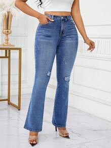 SHEIN Lady Damen Casual Skinny Distressed Flare Jeans, Blaue hohe Taille Jeans Damen Jeans hohe Taille Petite Jeans für Damen Plus Jeans für Damen Jeans Damen hohe Taille Sommerhose hohe Taille Jeans Flare Jeans Büro-Outfits für Damen Arbeitskleidung Damen Festival-Outfits für Damen Flare Jeans Business-Kleidung Damen Europäischer Sommer