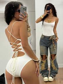 Coolane Women's Summer Y2K Streetwear  Music Festival Minimalist  Break Outfits Gyaru Cut Out Straps Backless Bodysuit - White - View 2