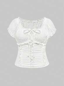 ROMWE Kawaii Plus Size Embroidered Ruched Waist Shirt, Summer Outfits - White - View 1