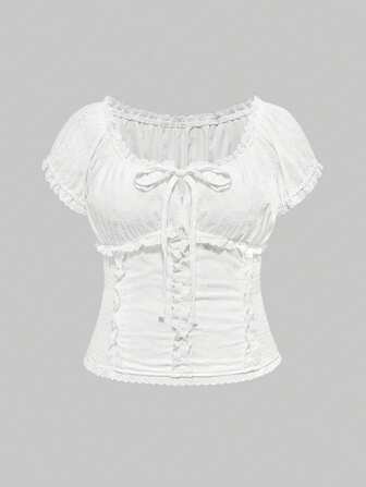 Kawaii Plus Size Embroidered Ruched Waist Shirt, Summer Outfits