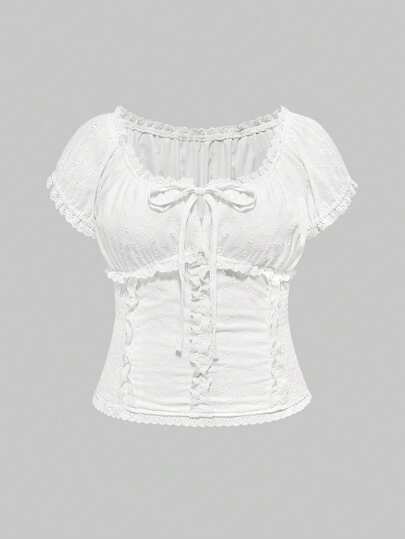 Kawaii Blusa de talla grande con cintura fruncida bordada, conjunto de verano