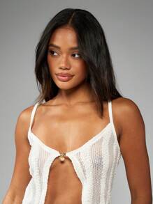 MISSGUIDED 针织纽扣前吊带背心，无袖开叉胸围夏季海滩度假节短款背心，纽扣细节 - 白色 - 查看 3