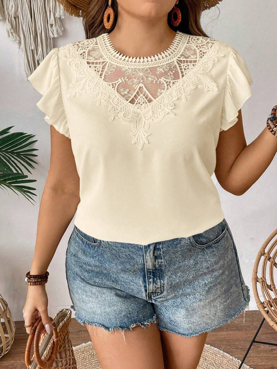 SHEIN Privé Plus Size Women Embroidered Collar Cap Sleeve Loose Blouse - Apricot - View 1