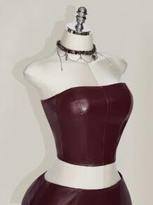 SHEIN ICON 大码女式抹胸PU皮革上衣和低腰迷你裙套装