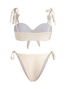 Swim Mod Plus Size Women 3pcs Set Solid Color Sweet Cute Apricot Strappy Flower Decor Bikini Crop Top, Drawstring Tie-Up Mini Skirt, Beach Holiday Swimwear, For Summer Vacation