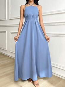 Al Najma 女士优雅纯色喇叭袖阿拉伯长袍套装 - 藍色 - 查看 3