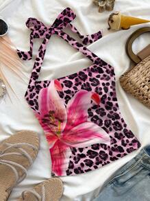 Soleia Women's Vacation Halter Leopard & Floral Pattern Knit Texture Bodycon Tank Top, Suitable For Summer - Multicolor - View 1