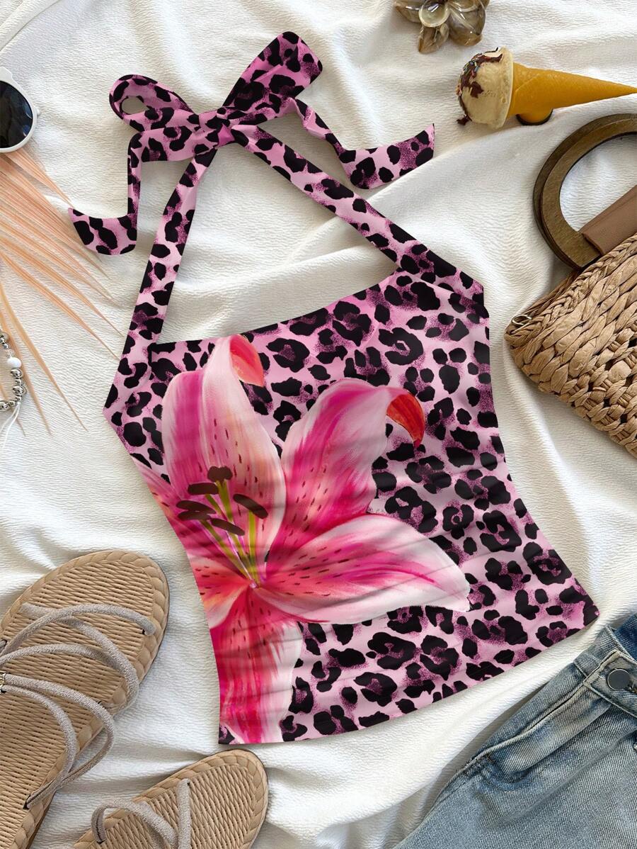 Soleia Women's Vacation Halter Leopard & Floral Pattern Knit Texture Bodycon Tank Top, Suitable For Summer - Multicolor - View 1