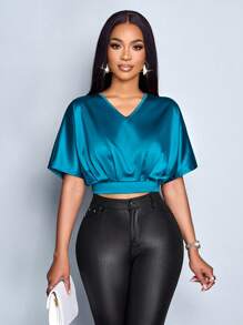 SOLERSUN Women's Spring Summer Elegant Daily Wear Solid Color Plunging Neck Lantern Sleeve Wrap Satin Blouse