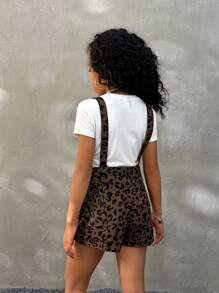 Coolane Tween Girls Spring/Summer Vintage Brown Woven Corduroy Leopard Print Casual Bib Jumpsuit - Brown - View 5