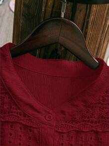 SHEIN LUNE Plus Size Women Contrast Lace Solid Color Button Front Shirt Fall Cloth For Women - Burgundy - View 5
