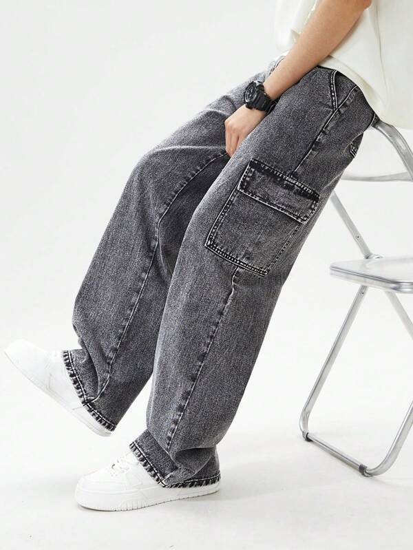 Teen Boys' Solid Color Multiple Pockets Outdoor Casual Cargo Jeans