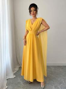 Elenzga Vestido elegante de cuello en V sólido con cintura ceñida, para verano