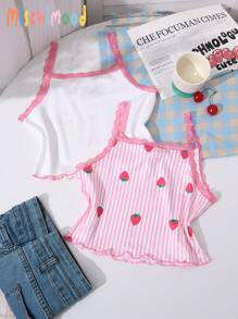Tween Girls Pink Lace Trim Fruit Strawberry Striped Print Summer Style 2pcs Bra Set