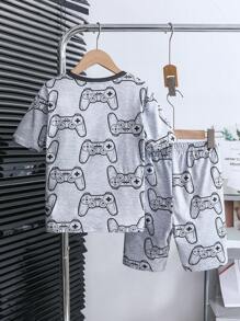 2pcs Tween Boys Snug Fit Cartoon Game Print Crew Neck Short Sleeve Shorts Comfortable Casual Pajama Set
